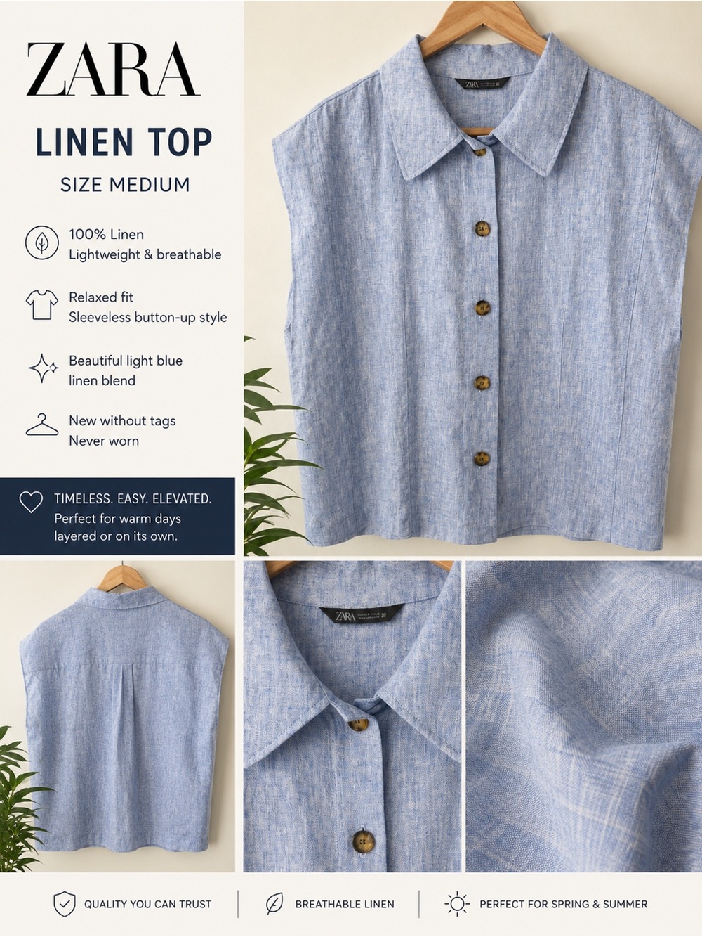 Zara Light Blue Sleeveless Linen Button-Down Top